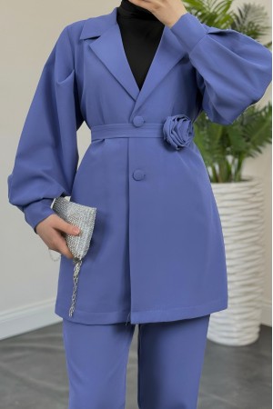 Kemeri Gül Detaylı Kruvaze Yaka Ceket Pantolon Takım  -İndigo