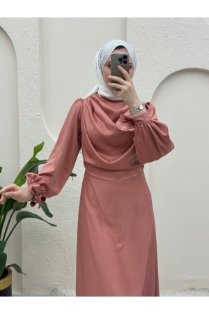 Döküm Yaka Bileği Bağcık Detaylı Abiye -Pudra
