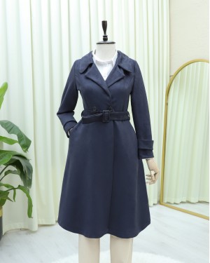 Waist Belted Suede Coat with Pocket -Navy blue