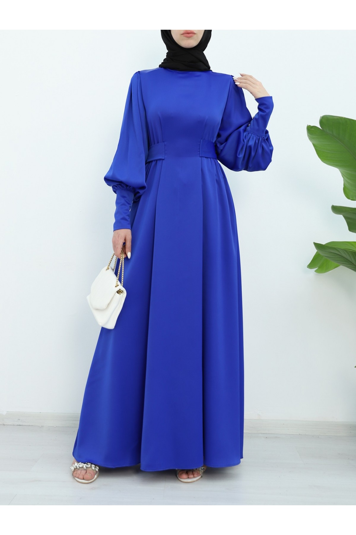 Long Cuffed Waist Tied Satin Balloon Sleeve Dress  -Saxe 