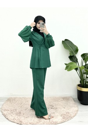 Side Pleated Single Button Balloon Sleeve Double Suit  -Emerald