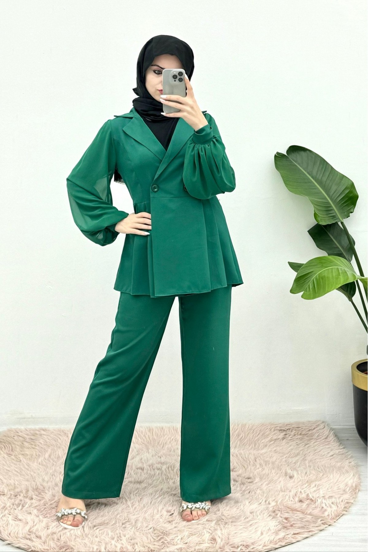 Side Pleated Single Button Balloon Sleeve Double Suit  -Emerald