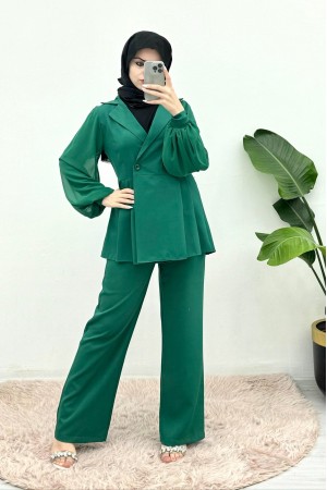 Yandan Pileli Tek Düğme Balon Kol Double Takım -Zümrüt