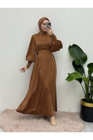 Uzun Manşetli Belden Bağlamalı Saten Balon Kol Elbise   -Taba