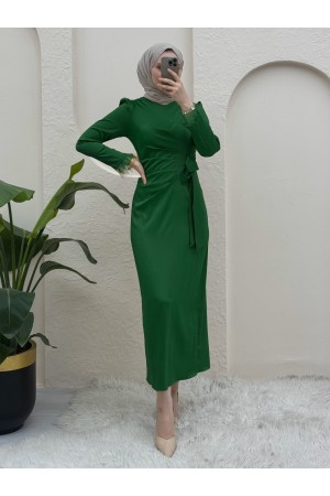 Kolu Tüylü Yandan Bağlamalı Saten Abiye  -Yeşil