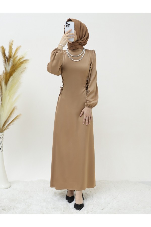 Satin Dress with Tie-Up Sides and Elastic Sleeves -Mink color