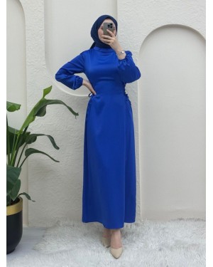 Satin Dress with Tie-Up Sides and Elastic Sleeves -Saxe 