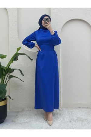 Satin Dress with Tie-Up Sides and Elastic Sleeves -Saxe 