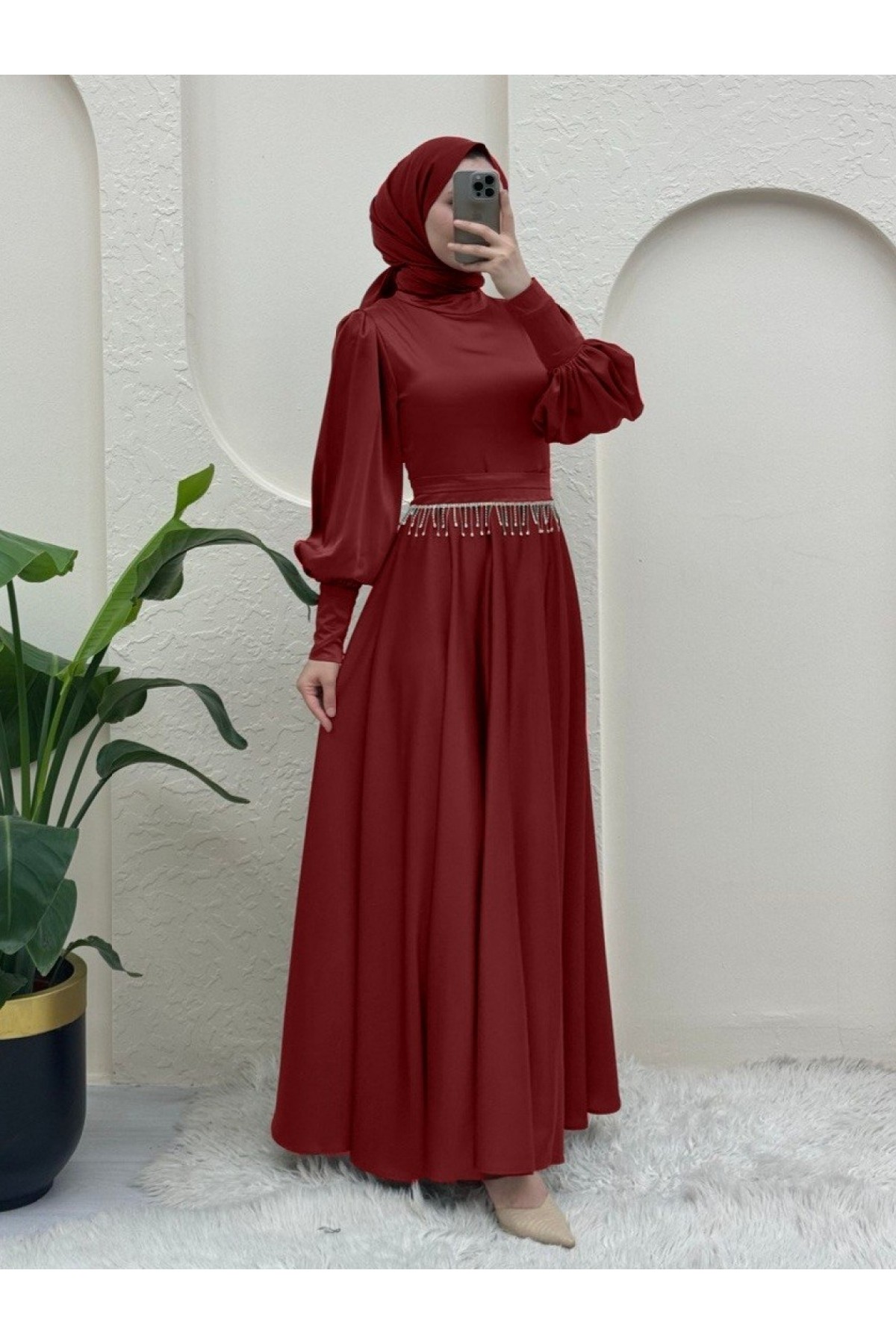 Satin Evening Dress with Zippered Cuff and Stoned Belt -Red