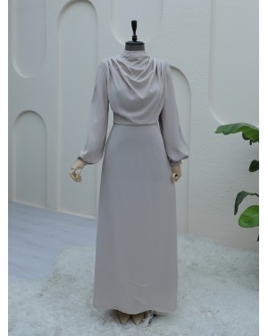 Shoulder Pleated Stand Collar Crepe Dress - Beige