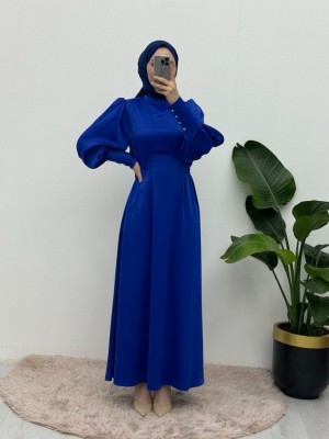 Long Cuffed Waist Tied Satin Balloon Sleeve Dress  -Saxe 