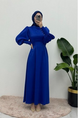 Uzun Manşetli Belden Bağlamalı Saten Balon Kol Elbise   -Saks