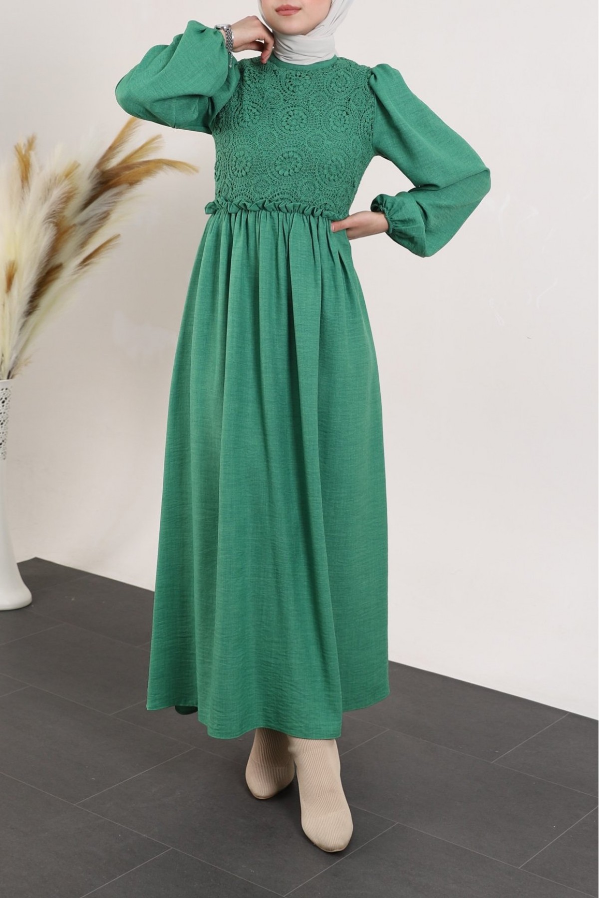 Lace Dress with Lace Laced Robe -Green
