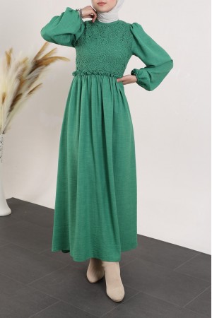 Robası Dantel Güpürlü Dantel Elbise -Yeşil