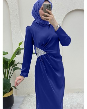 Waist Stone Detailed Pleated Satin Evening Dress -Saxe 