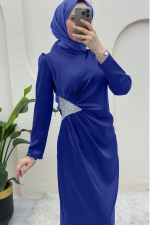 Beli Taş Detaylı Önü Büzgülü Saten Abiye -Saks