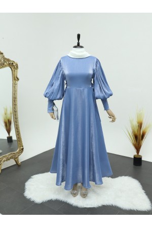 Yanları Bağlamalı Balon Kol Jakarlı Abiye -Bebe Mavi