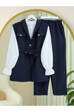 Zero Sleeve Button Front Waist Belted Three Piece Suit -Navy blue