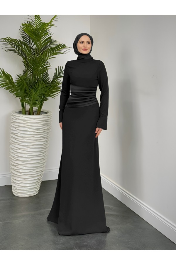 Draped Waist Buttoned Crepe Dress -Black