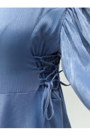Yanları Bağlamalı Balon Kol Jakarlı Abiye -Bebe Mavi