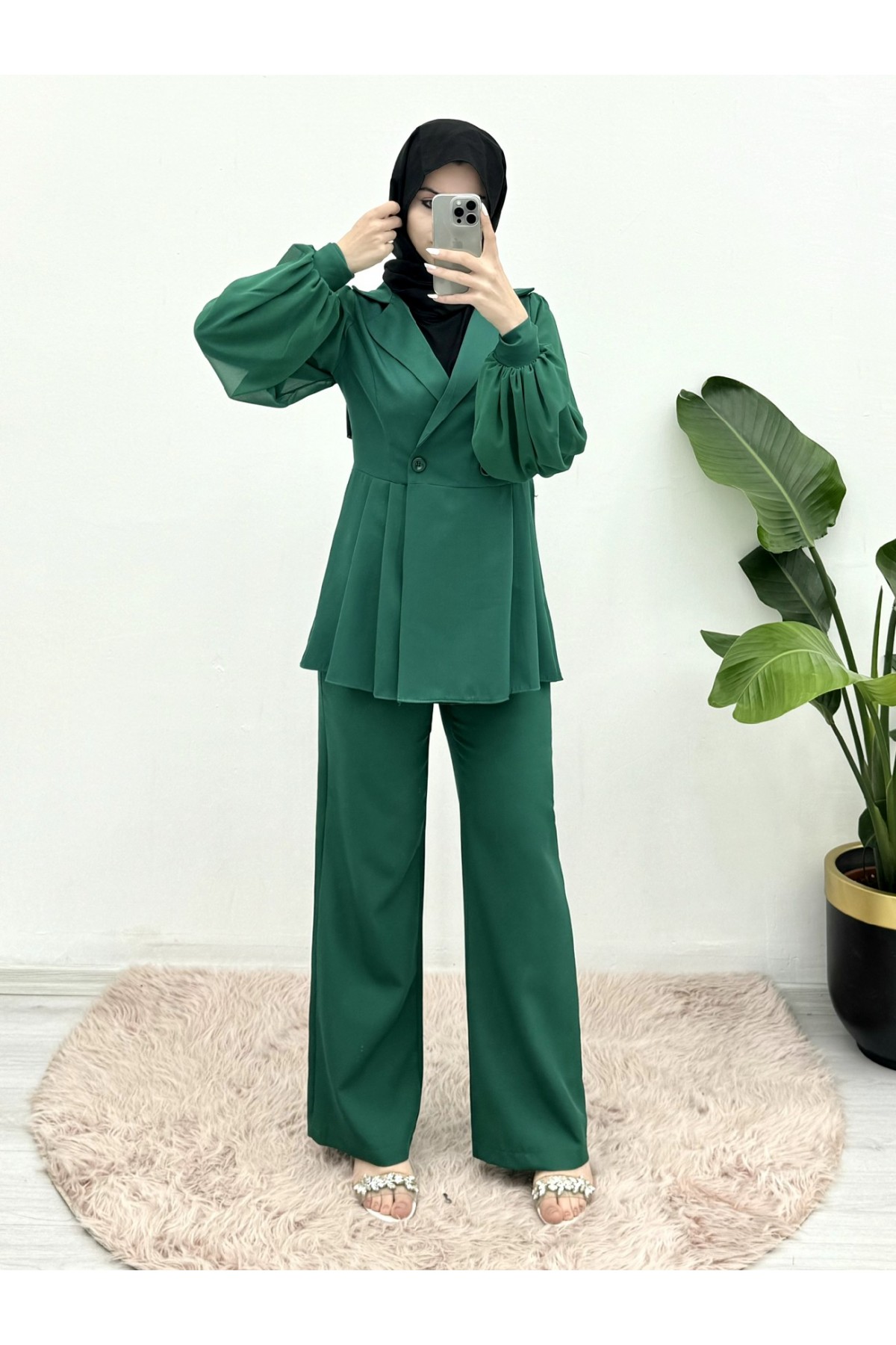 Side Pleated Single Button Balloon Sleeve Double Suit  -Emerald