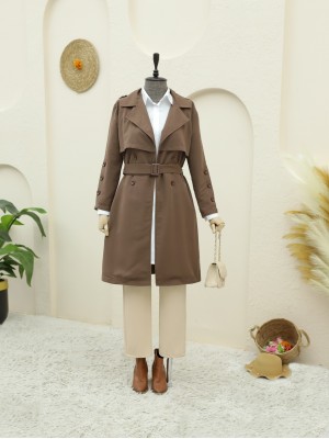 İç Astarlı Düğmeli Kemerli Trençkot  -Kahve
