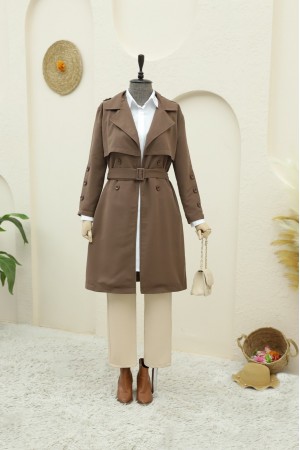 İç Astarlı Düğmeli Kemerli Trençkot  -Kahve
