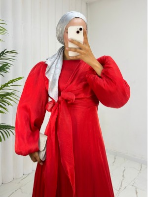 Önden Çapraz Bağlama Detaylı Janjan Kumaş Elbise -Kırmızı