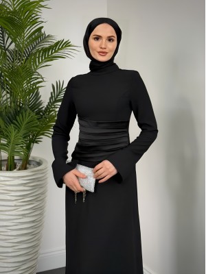 Draped Waist Buttoned Crepe Dress -Black