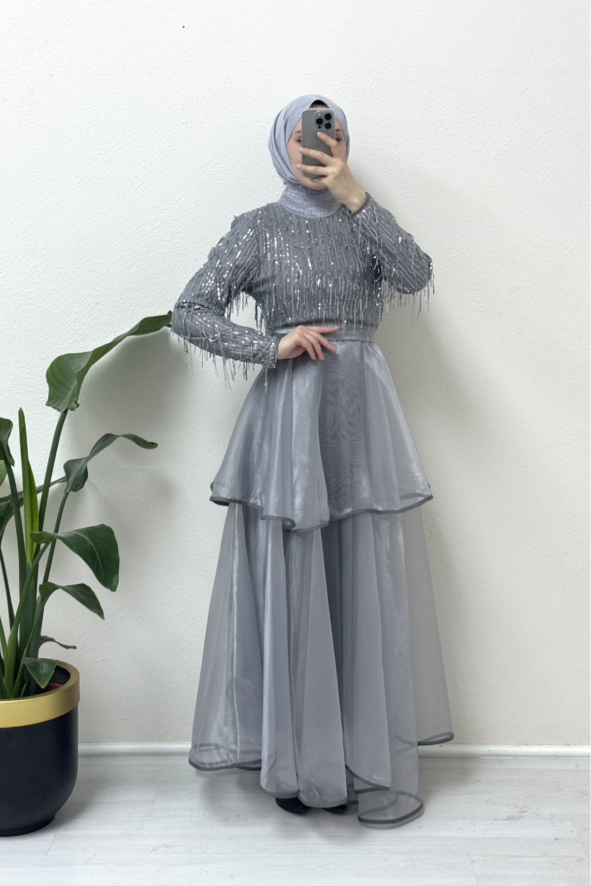 Belted Sequined Tulle Evening Dress with Elastic Collar  -Grey