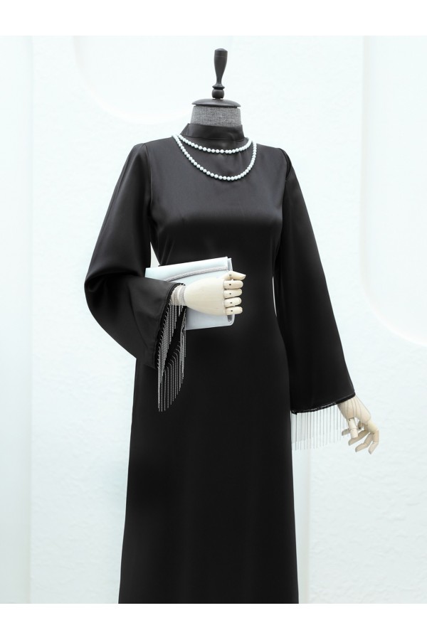 Back Lace Sleeve Cuff Chain Detailed Dress -Black