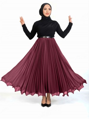 Kemerli Volanlı Pliseli Şifon Etek   -Bordo