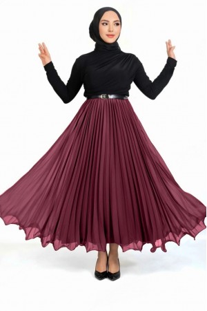 Kemerli Volanlı Pliseli Şifon Etek   -Bordo