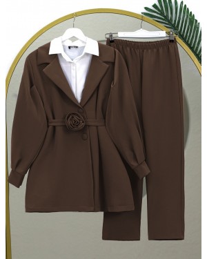 Kemeri Gül Detaylı Kruvaze Yaka Ceket Pantolon Takım  -Kahve