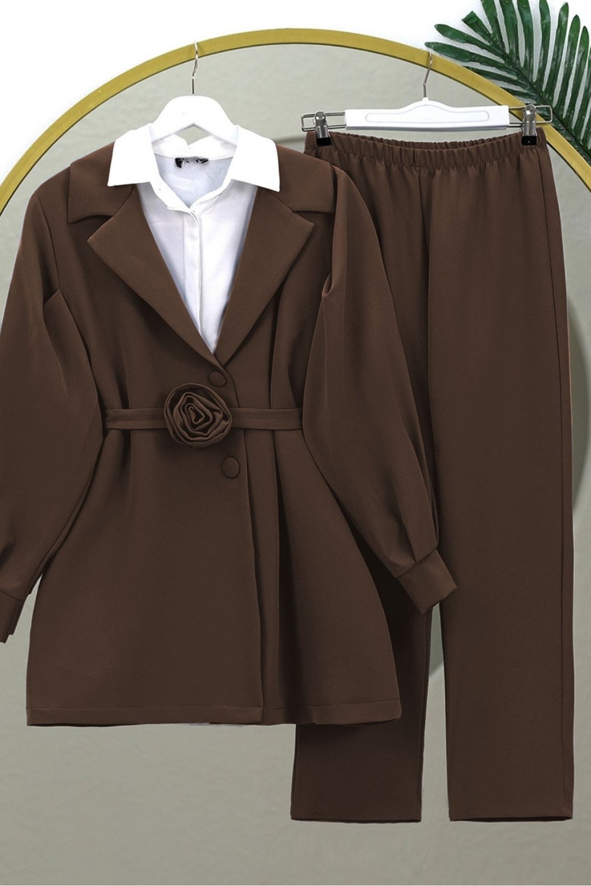 Double Breasted Jacket Trouser Set with Rose Belt Detail -Brown