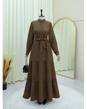 Half Buttoned Stand Collar Tied Waist Linen Dress -Brown