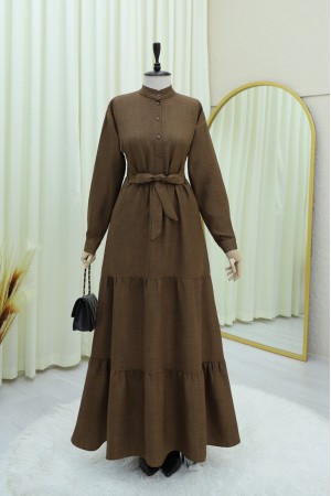 Half Buttoned Stand Collar Tied Waist Linen Dress -Brown
