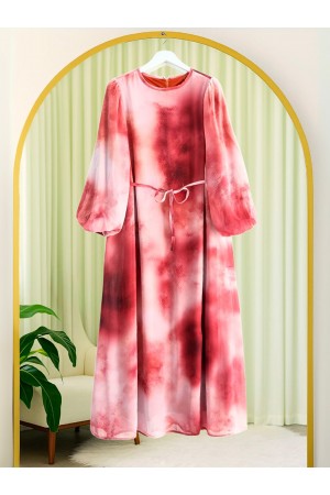 Batik Baskılı Astarlı Şifon Elbise  -Bordo