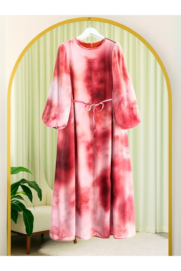 Batik Baskılı Astarlı Şifon Elbise  -Bordo