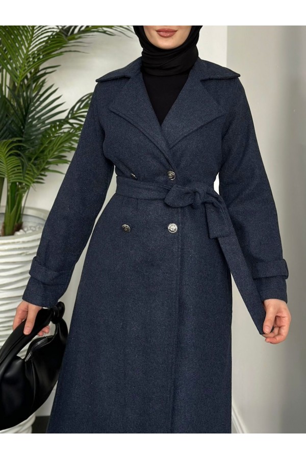 Double Breasted Buttoned Cashmere Coat -Navy blue