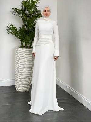 Draped Waist Buttoned Crepe Dress -White