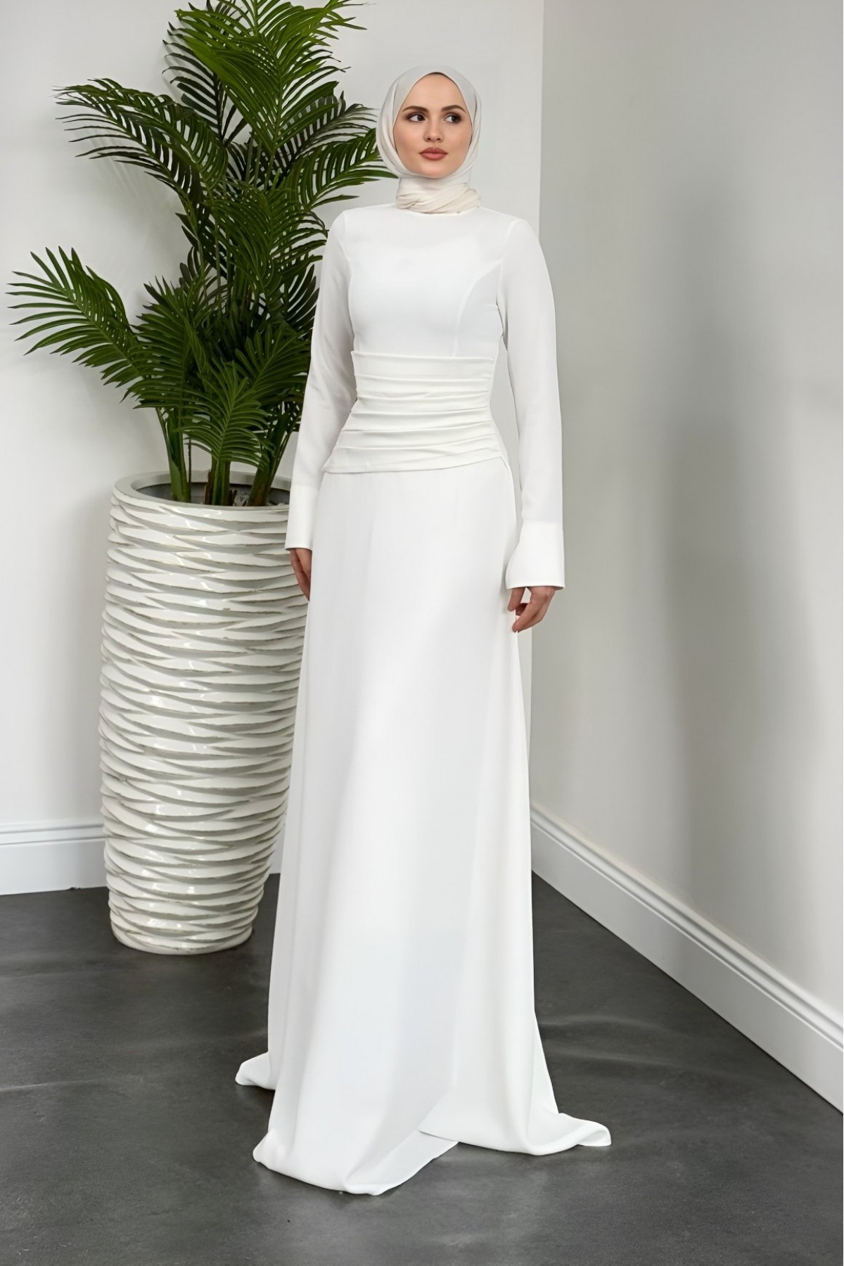 Draped Waist Buttoned Crepe Dress -White