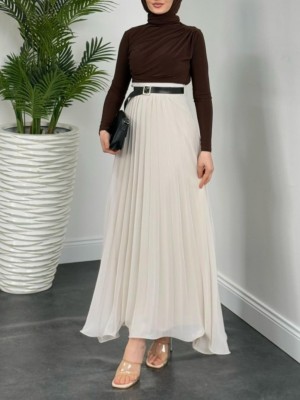 Kemerli Volanlı Pliseli Şifon Etek -Taş