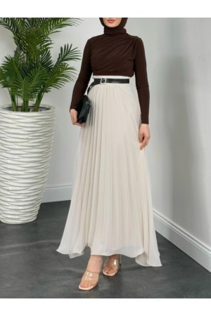 Kemerli Volanlı Pliseli Şifon Etek -Taş