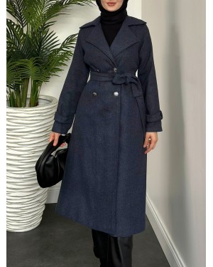 Double Breasted Buttoned Cashmere Coat -Navy blue