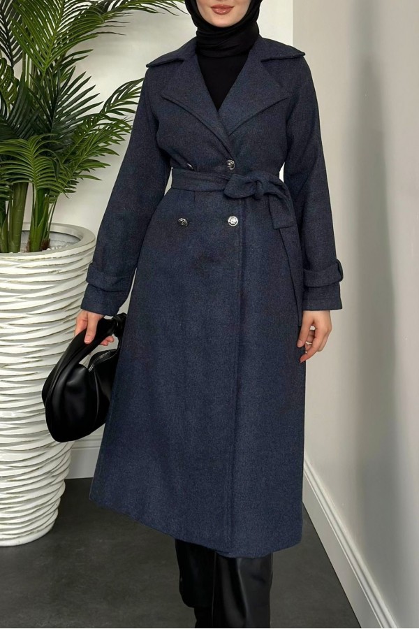 Double Breasted Buttoned Cashmere Coat -Navy blue