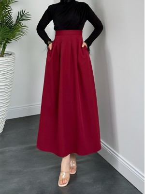 Pleated Pocketed Flared Skirt -Maroon