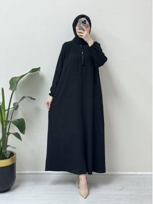 Fermuarı Püskül Detaylı Vatkalı Kap -Siyah