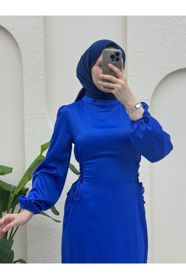 Satin Dress with Tie-Up Sides and Elastic Sleeves -Saxe 