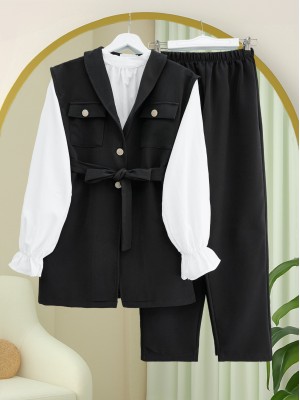 Sıfır Kol Önü Düğmeli Beli Kemerli Üçlü Takım  -Siyah